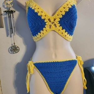 Blue and Yellow Crochet Bikini Swimsuit